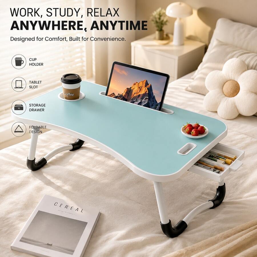 Foldable Bed Tray Table With Cup Holder & Tablet Slot, Portable Lap Desk With Storage Drawer, Large Laptop Bed Desk For Working, Studying, Reading, Eating On Bed, Sofa & Couch