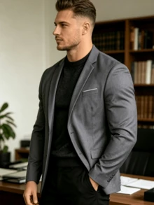 Men's Grey Suit Jacket, Pocket Details, Business And Street Style Outerwear - Dark Grey - View 3