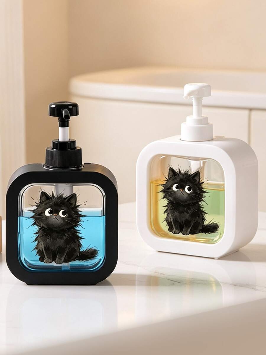 Adorable Fluffy Black Cat Square Pump Dispenser, Refillable Reusable Empty Plastic Liquid Bottle, Push Down Pump Container For Hand Soap, Shower Gel, Shampoo, Dish Soap, Bathroom Kitchen Countertop Organizer, Perfume Refillable Bottle, Travel Bottles - Multicolor - View 1