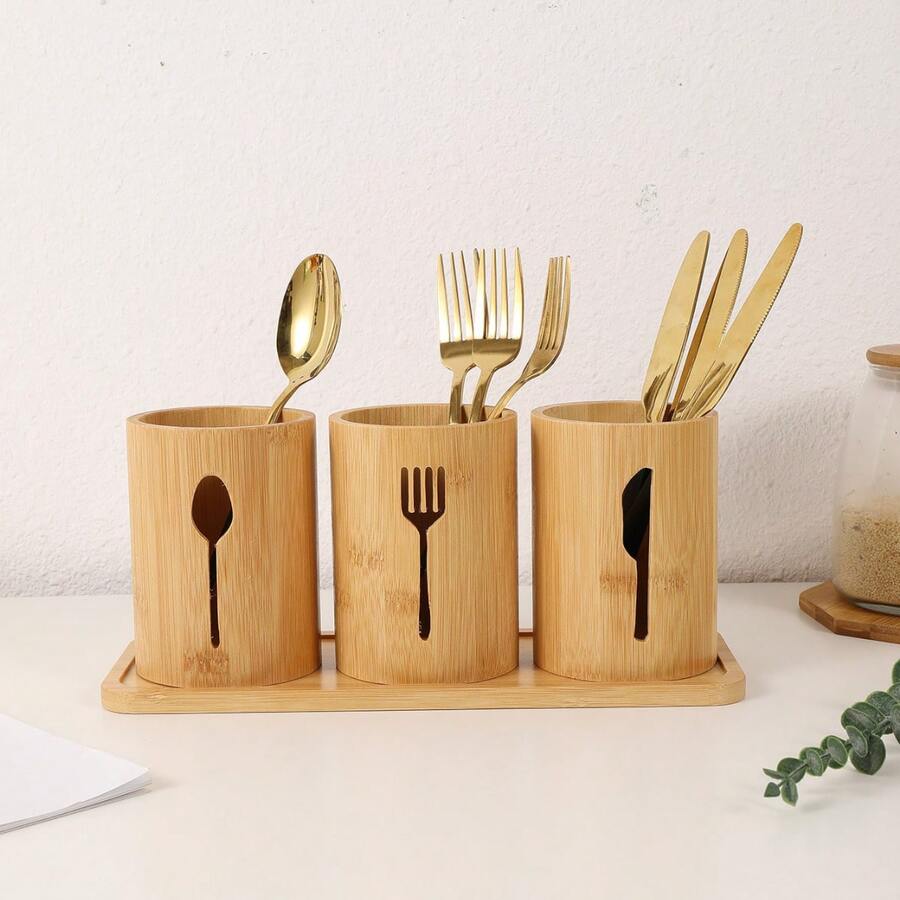 4pcs/Set - Three Utensil Storage Canisters With Bamboo Tray Base For Knives, Forks, And Spoons - Apricot - View 1