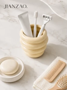 Ins Hot-Selling Cream Style 4-Layer Spiral Resin Storage Cup, Glossy Pink And Beige Dual-Color Toothbrush Toothpaste Razor Makeup Brush Holder, Cute Bathroom Vanity Aesthetic Decor Gift - Honey Jar Toothbrush Holder - View 2
