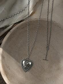 GARMEND 2pcs/Set American Vintage Distressed Silver Double Layer Stacked Necklace With Spiked Crown Heart Pendant, OT Clasp Punk Hip-Hop Personalized Neck Chain Accessory - Silver - View 5