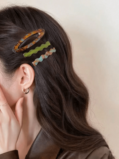 3pcs French Style Elegant Acetate Oval BB Clip, Wavy Straight Clip, Sweet Texture Alligator Hair Clip, Cute Girl Hair Clip, Suitable For Daily Wear And Holiday Use, Women's Festival Gift