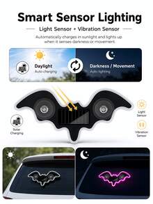 GLANBERT Solar Powered Bat LED Car Light, Wireless RGB Visor Atmosphere Lamp | 100% Solar Powered Bat-Shaped LED Car Lamp. Wireless RGB Ambient Light With Dual Smart Motion Light Sensors & Suction Cup.Festival Decorative Lights - Solar Power + USB Power - View 8