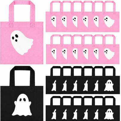 24pcs Pink Cute Ghost Halloween Non-Woven Fabric Candy Bags, 18x8 Inches, Reusable Gift Bags With Handles, Halloween Party Small Gift Bags, Suitable For Halloween Party "Trick Or Treat" Party Packaging Supplies