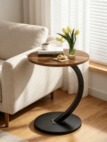 1pc C-Shaped Curved Round Side Table With Waterproof Walnut Wood Tabletop, Storage Shelf Beside Living Room Sofas, Minimalist Bedside Small Tea Table - Walnut Color + Black Frame - View 4
