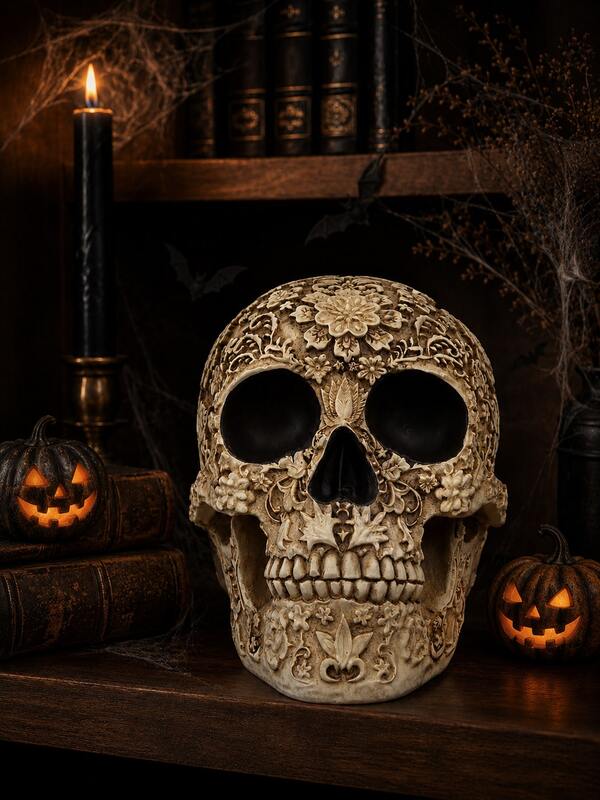 1pc Halloween Floral Resin Skull Figurine, Gothic Skull Decorative Statue, Spooky Skull Desktop Ornament, Suitable For Bookshelves, Living Rooms, Bedrooms, Desks, Halloween Parties, And Haunted House Decorations. A Unique Gift.