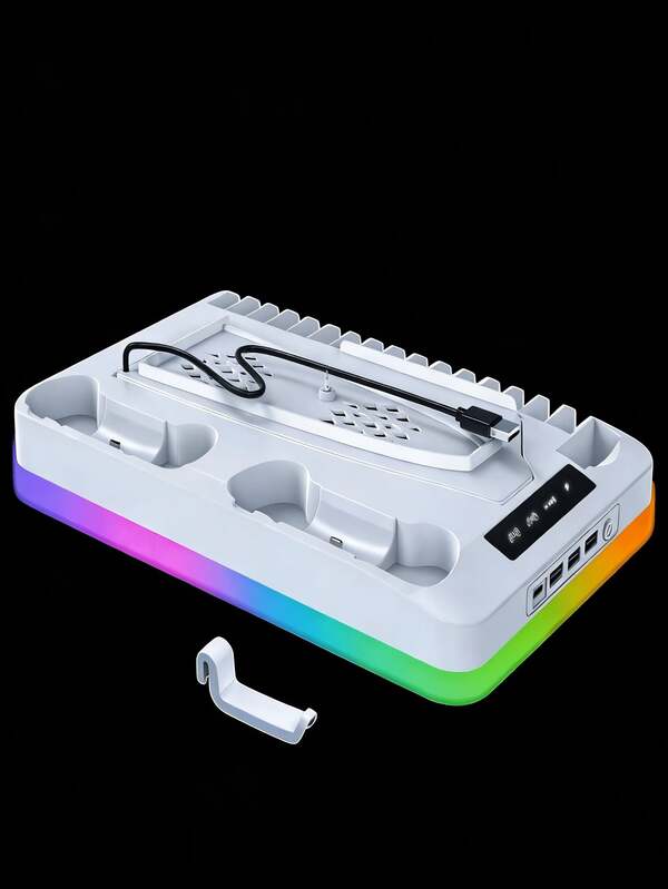 GAMINJA Refrigeration Stand with RGB Lamp for CD/Digital Editing Console, including Dual Charge Dock for Controller, Cooling Fan, Remote Control/Game CD Storage, USB Hub and Headphone Hook