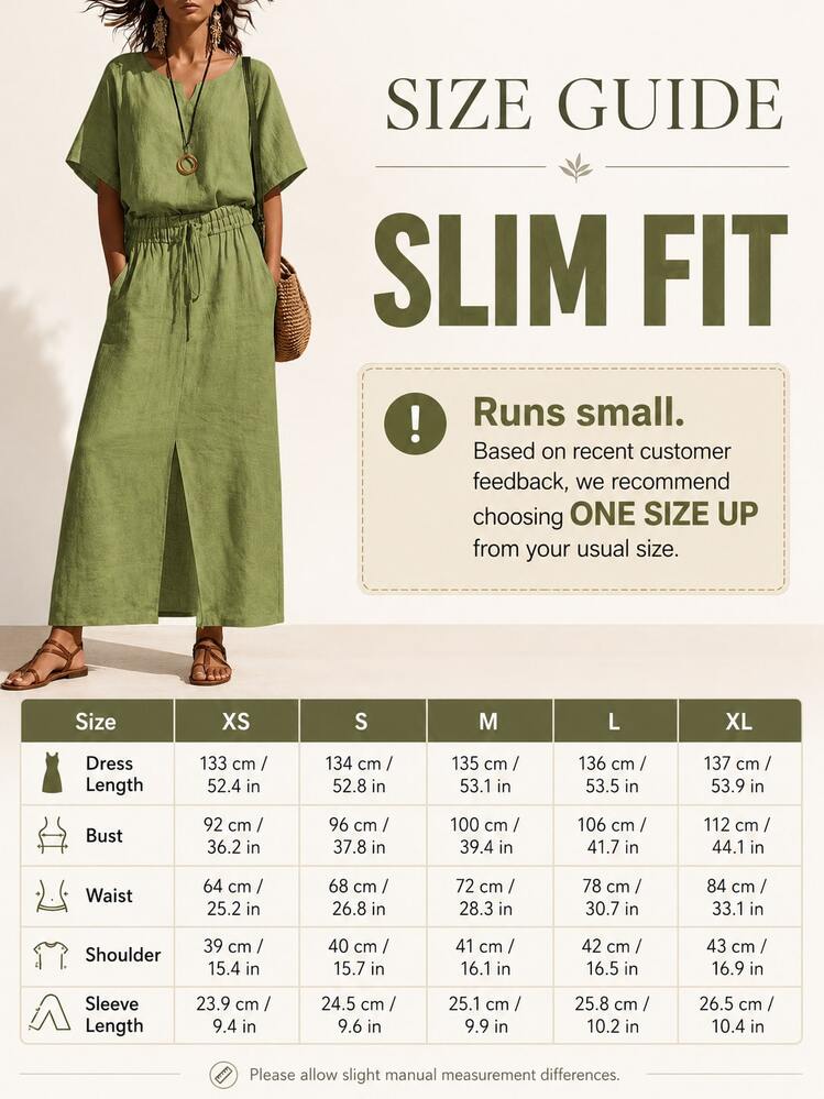 Women's V-Neck Round Neck Dropped Shoulder Elastic Waist Gathered Straight Long Dress Sun Dress - Green - View 2