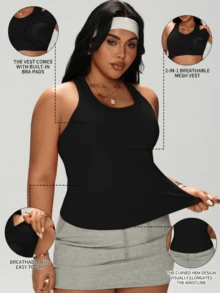 1pc Plus Size 2-In-1 Tank Top With Built-In Bra Pads, Racerback Design, Slimming, Quick-Dry, Casual Sports Yoga Camisole For Women, Suitable For All Seasons - Black - View 4
