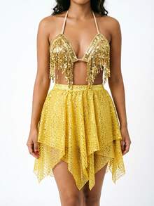 Sequin Fringe Triangle Halter Crop Top, Irregular Handkerchief Hem Sequin Mesh Mini Skirt For Rave Party & Stage Performance - Multicolor - View 17