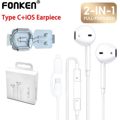 Fone de Ouvido com Fio 2 em 1 Tipo C+iOS, Fone de Ouvido Intra-Auricular Aple com Fio Tipo C para iPhone