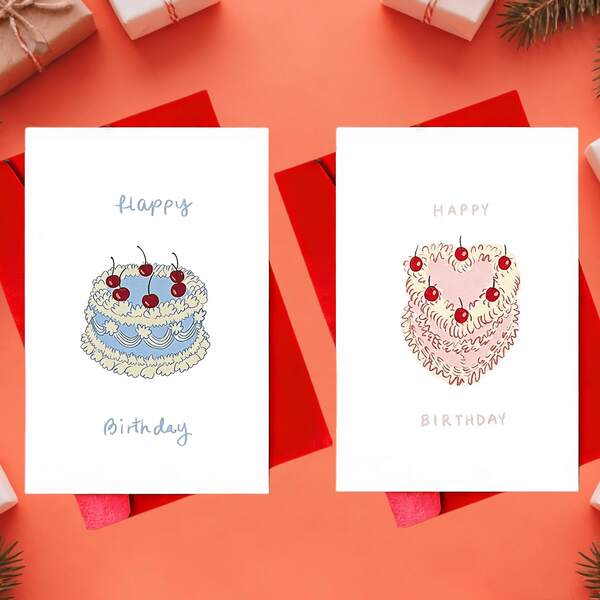 1pc Retro Blue And Pink Cherry Cake, Birthday Greeting Card, Birthday Wishes, Card For Celebrating Birthdays Retro Birthday Card Featuring A Cherry Pink Cake, Perfect For Friends, Loved Ones, And Family