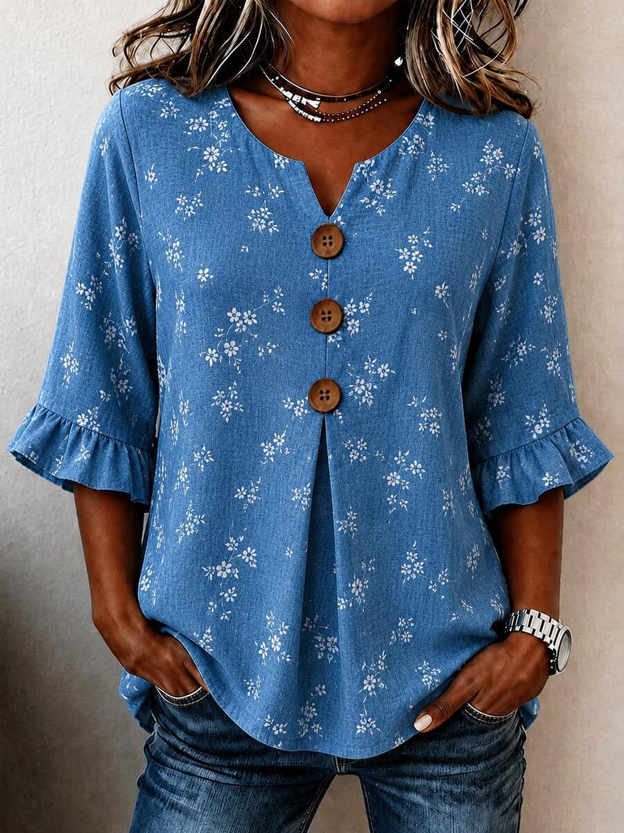 Blus Wanita Ukuran Besar Motif Bunga Efek Denim, Kerah V Berlekuk, Kancing Depan, Lengan 3/4 Berkerut, Atasan Kasual Longgar untuk Liburan Musim Gugur - Biru - View 1