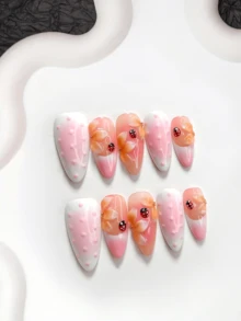 10件甜美風手工穿戴甲，Polygel美甲套組，小蟲花瓣圖案，粉色指甲油，溫柔優雅風格，含美甲工具，3種尺寸可選，杏仁、鴨嘴、棺材形，適合派對、跳舞、日常配戴 - 彩色 - 查看 17