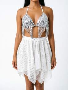 Sequin Fringe Triangle Halter Crop Top, Irregular Handkerchief Hem Sequin Mesh Mini Skirt For Rave Party & Stage Performance - Multicolor - View 13