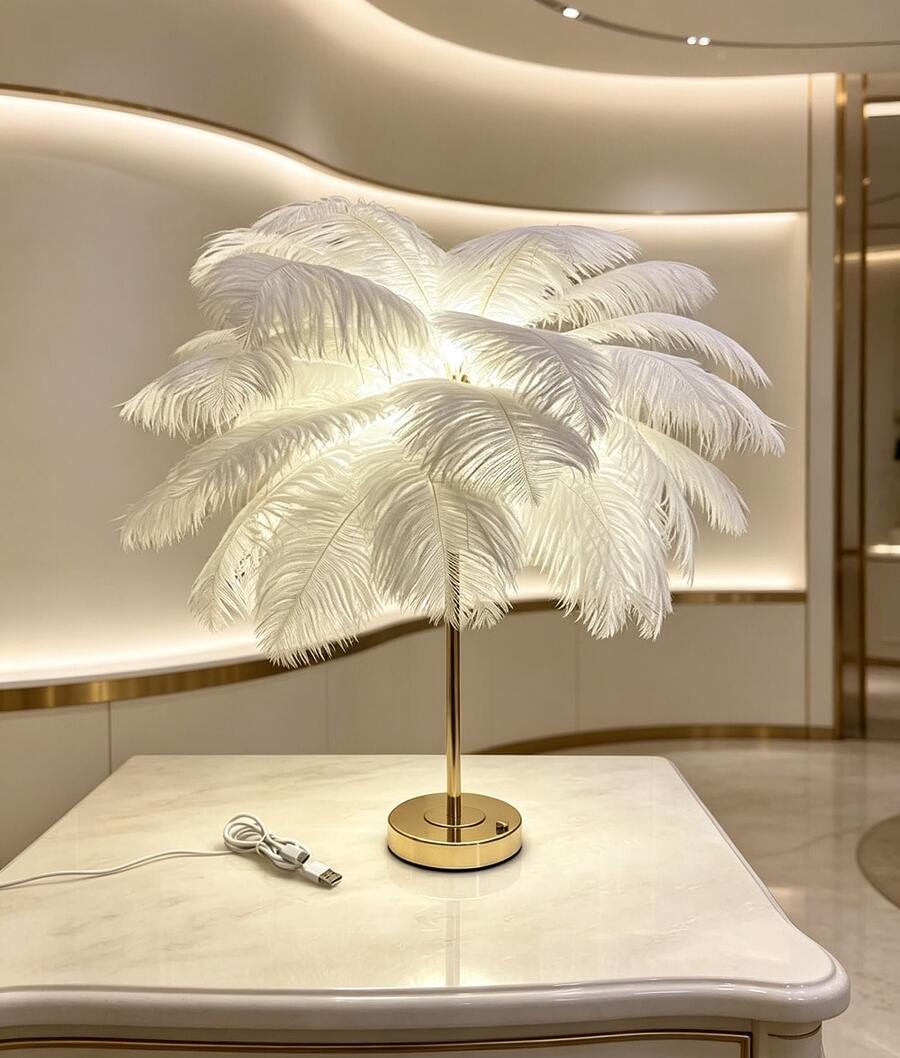 Rechargeable Feather Light With Built-In Battery, Portable Cordless DIY Home Living Room Coffee Table LED Decorative Lamp, Bedside Desk Lamp, Ins Style Girl Live Stream Atmosphere Light, Birthday Wedding Romantic Night Light - 白色 - 查看 1