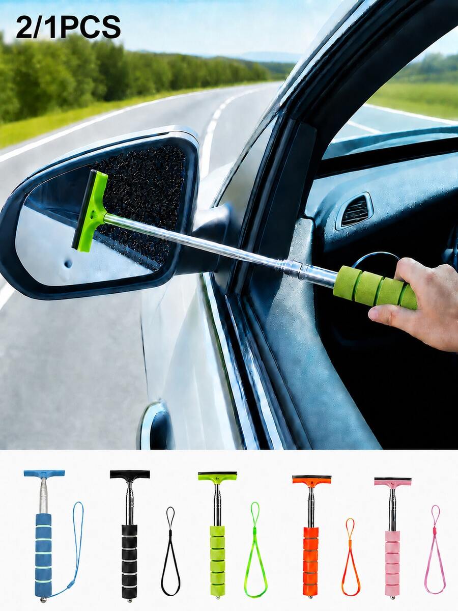 2 piezas/1 pieza Limpiaparabrisas retráctil para espejo retrovisor de coche, limpiaparabrisas de espejo retrovisor con poste telescópico, limpiador de ventanas portátil, adecuado para lluvia, niebla, nieve, cepillo para nieve, accesorio exterior para coche