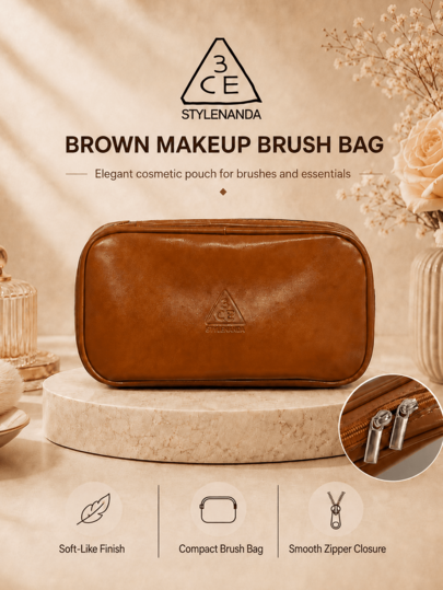 3CE Brown Makeup Brush Bag 18*10cm, Synthetic Leather, Smooth Zipper Compartment With Inner Pocket, Perfect For Storing Makeup Brushes, Suitable For Home And Travel