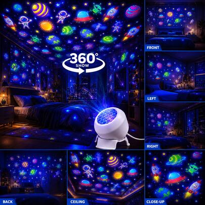 Space Theme Dynamic Rotating Projection Lamp, 360° Panoramic Projection Of Dreamy Patterns Including Stars, Planets And Astronauts, USB Powered Soft Eye-Protection Light, Suitable For Bedroom, Living Room And Party, Perfect Birthday Gift
