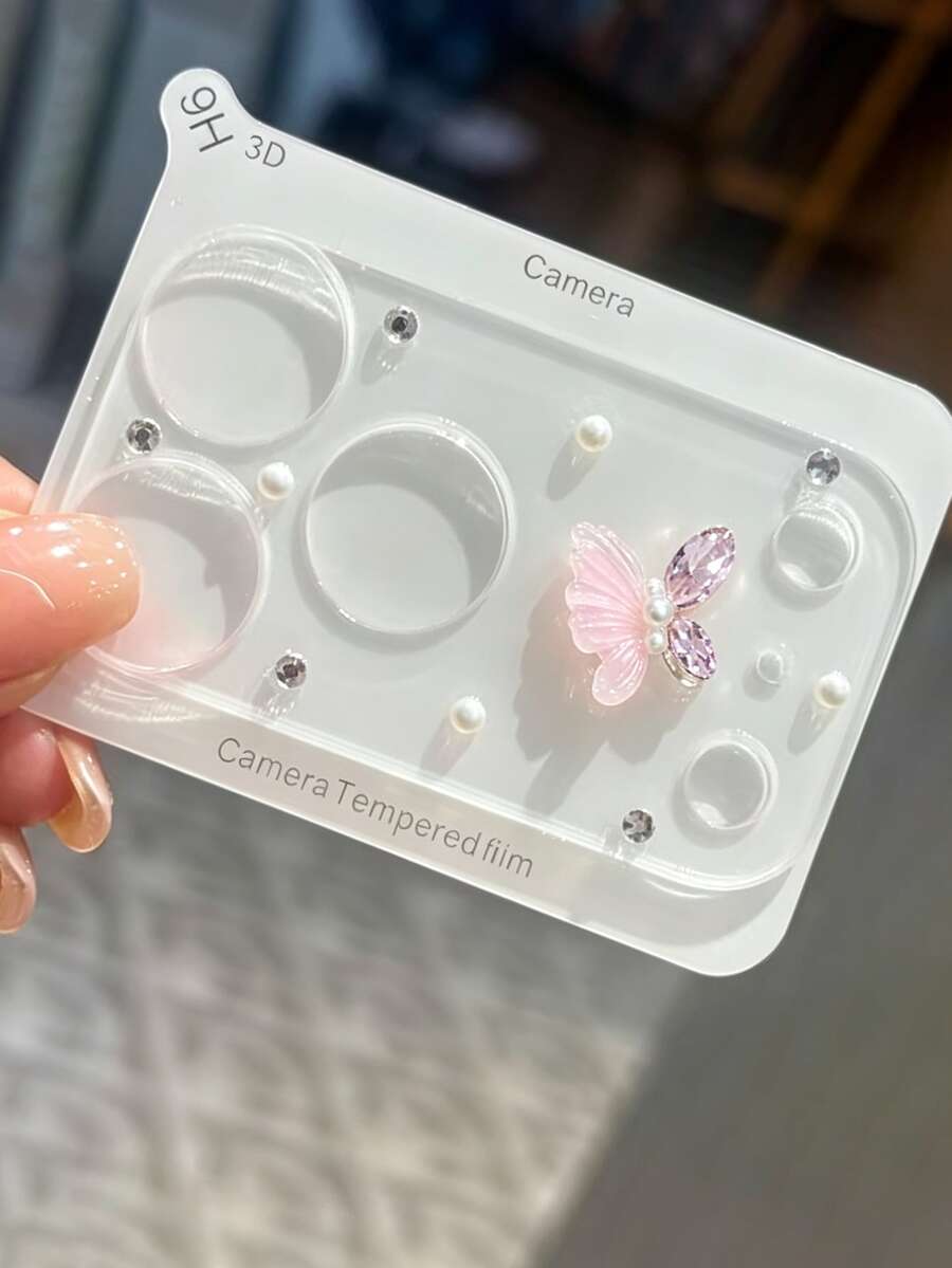 奢華可愛 3D 花朵水鑽相機鏡頭保護貼,適用於 iPhone 18 Pro Max、18 Pro、17 Pro Max、17 Pro,透明防震防刮相機保護蓋 - 粉紅色蝴蝶 - 查看 1