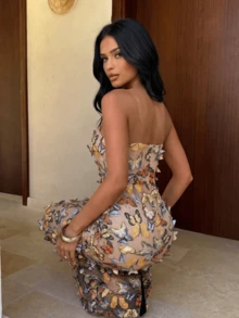 Elegant Sleeveless Open Shoulder Long Bow Formal Evening Gown For Women Wedding Party Fall - Apricot - View 10