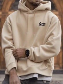Men's Apricot Inspirational Slogan Hoodie NEVER ALONE Boxing Gloves Multi-Layer English Print Loose Drop Shoulder Drawstring Pullover Sweatshirt - Apricot - View 2