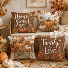 Herbst Vintage Braun Kürbis & Ahornblatt Gemütliches Zuhause Slogan Kissenbezug 4 Stücke Set, einseitig Muster Pfirsichhaut Samt Polyester Material, 45*45/50*50CM Kissenbezüge für modernes Stoffsofa Innenraum Dekoration, Party Dekoration, Geschenk - Verschiedenfarbig - Übersicht 5