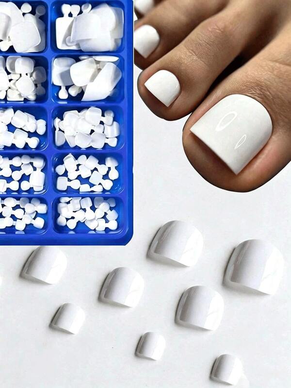 100pcs/120pcs Glossy White Press-On Toenails, 12 Sizes/Box, Full Coverage Short Square Artificial Toenails, Pedicure Nails For Women And Girls