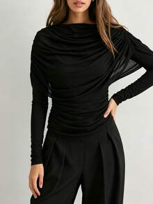 Women's Black Long Sleeve Knit Top With Contrast Mesh Draped Detail And Regular Length, Perfect For Fall - Black - View 5