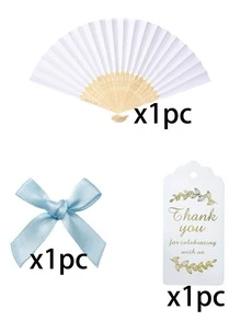 3pcs Blue Wedding Paper Fan Gift Set, Includes White Folding Fan, Blue Bow And Thank You Card, Suitable For Wedding Favors And Party - Multicolor - View 11