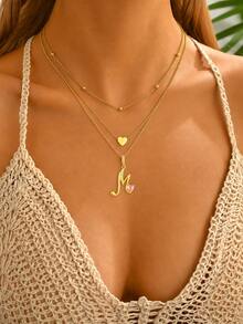 3pcs/Set Y2K Gold Layered Letter Necklace With Heart Pendant, Rhinestone Letter Pendant And Pink Heart Detail, Cute Multi-Layer Necklace, Suitable For Women And Girls - Yellow Gold - View 3