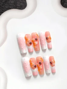 10件甜美風手工穿戴甲，Polygel美甲套組，小蟲花瓣圖案，粉色指甲油，溫柔優雅風格，含美甲工具，3種尺寸可選，杏仁、鴨嘴、棺材形，適合派對、跳舞、日常配戴 - 彩色 - 查看 4