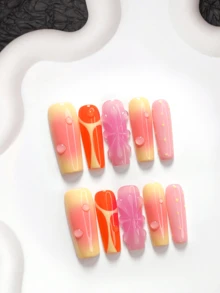 10片夏季蜜桃風手工穿戴甲，波點粉色與橘色 Poly Gel 美甲套組，甜美活力風，附美甲工具，3種尺寸可選，杏仁/鴨嘴/棺材形，適合派對、跳舞、日常配戴 - 彩色 - 查看 19