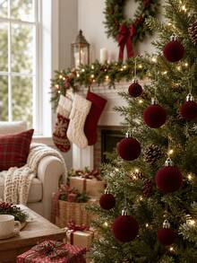 42pcs/Set Red Christmas Flocked Balls, Flocked Christmas Decorations, Handmade Flocked Balls, Christmas Tree Decorations, Christmas Tree Ball Lights, Suitable For Wedding Anniversary Party, Winter Decorations, Christmas Atmosphere Home Decor (No Electricity Required) - Red Velvet Christmas Ball - View 7
