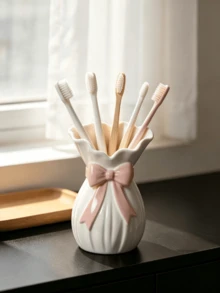 1pc Wavy Edge Bow Toothbrush Holder, Pink/Red Bow Optional, Bathroom Storage Cup, Vanity Sink Countertop Bathroom Organizer, Coquette Ins Style Aesthetic Home Decor, Multi-Functional Bathroom Storage Rack, Perfect Housewarming, Couple, Wedding Gift - Multicolor - View 3