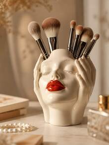1pc Resin Face Makeup Brush Holder, Artistic Female Head Cosmetic Organizer With Red Lips, Decorative Vanity Storage For Makeup Brushes, Beauty Tools & Pens, For Dressing Table, Bedroom, Bathroom Counter, Office Desk, Home Decor, Gift For Women - New Product - View 6