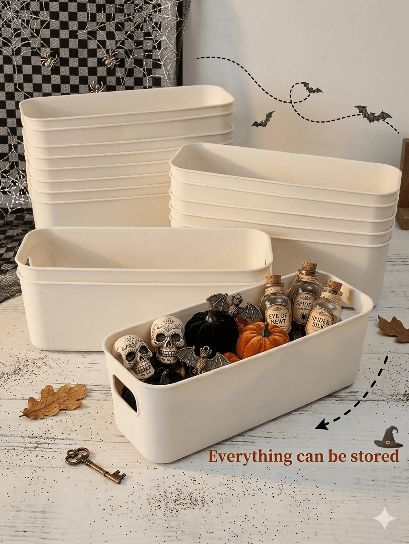 10-1 Stackable Plastic Storage Bins With Handles, Suitable For Storing Halloween Props, Also For Office, Home And Closet, Multi-Functional Storage Basket, Can Store Socks, Underwear, Stationery And Cosmetics, Suitable For Halloween And Christmas - White - View 1