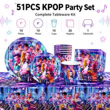51 قطعة مجموعة أدوات مائدة حفلة عيد ميلاد فرقة K-POP للبنات بحجم 7 بوصة و9 بوصة، أطباق ورقية، أكواب، مناديل، مفرش طاولة، لافتة، مناسبة ل- 10 أشخاص، هالوين، عيد الميلاد، نزهة، تخييم، حفلة شواء، ديكور احتفالي، هدية للمعجبين - الأرجواني - مشاهدة 2