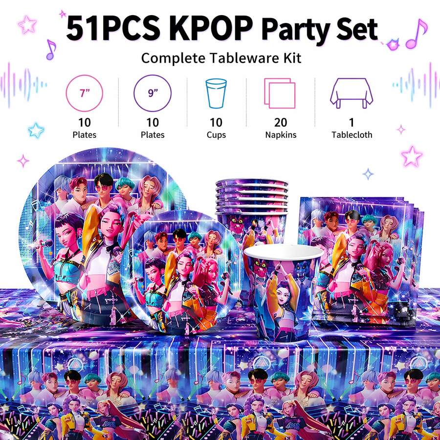 51 قطعة مجموعة أدوات مائدة حفلة عيد ميلاد فرقة K-POP للبنات بحجم 7 بوصة و9 بوصة، أطباق ورقية، أكواب، مناديل، مفرش طاولة، لافتة، مناسبة ل- 10 أشخاص، هالوين، عيد الميلاد، نزهة، تخييم، حفلة شواء، ديكور احتفالي، هدية للمعجبين
