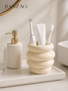 Ins Hot-Selling Cream Style 4-Layer Spiral Resin Storage Cup, Glossy Pink And Beige Dual-Color Toothbrush Toothpaste Razor Makeup Brush Holder, Cute Bathroom Vanity Aesthetic Decor Gift - Honey Jar Toothbrush Holder - View 4