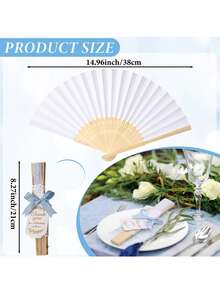 3pcs Blue Wedding Paper Fan Gift Set, Includes White Folding Fan, Blue Bow And Thank You Card, Suitable For Wedding Favors And Party - Multicolor - View 10