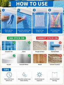 Suction Cup Hanging Mesh Pool Storage Bag, Off-The-Ground Hanging Storage For Pool Noodles, Floats, Buoys And Water Toys, Quick-Drying Breathable Mesh Pouch Swimming Storage Bag, Essential For Back To School Dorm Swimming Class, Suitable For Home Pool, Beach, Camping, Summer Swimming Enthusiasts And Family - Multicolor - View 10