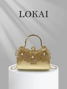 1pc Luxury Gold 3D Floral Rhinestone & Pearl Embellished Hard Shell Evening Clutch Bag, Vintage PU Leather Top Handle Formal Bag For Wedding, Party, Banquet, Women's Elegant Gift Bag - Multicolor - View 6