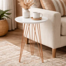 Mesinha Lateral Canto Apoio Redonda Mdf Mesa De Centro Alta Pés Em Aço Estilo Industrial Moderna - Branco - Visão 8