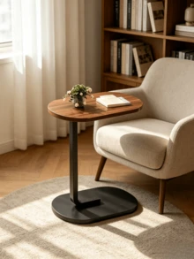 1pc Light Luxury Minimalist Oval Side Table With Thickened Iron Frame For Stable Support, Ideal As A Small Desk For Reading Nooks In Studies And A Storage Table For Sofa Gaps. - Walnut Color + Black Frame - View 4