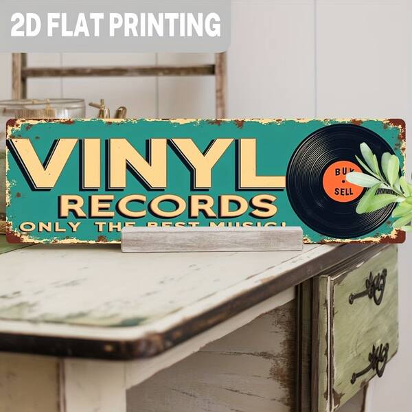 2D Flat - [2D Flat] 2D Flat - Vintage Record Wooden Sign - Vintage Music Theme Wall Decor, 5X16 Inches, With Deep Green Background And Bright Yellow And White Printing, Perfect For Men's Study, Music Room, Bar Or Studio