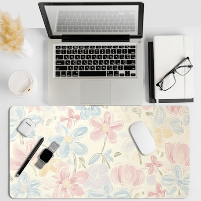 1PC Brushstroke Pastel Flower Extended Mouse Pad, Soft Pink Blue Cream Watercolor Floral Desk Mat, Waterproof Non-Slip Stitched Keyboard Pad For Girls Desktop Decoration