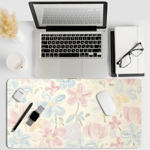 1PC Brushstroke Pastel Flower Extended Mouse Pad, Soft Pink Blue Cream Watercolor Floral Desk Mat, Waterproof Non-Slip Stitched Keyboard Pad For Girls Desktop Decoration
