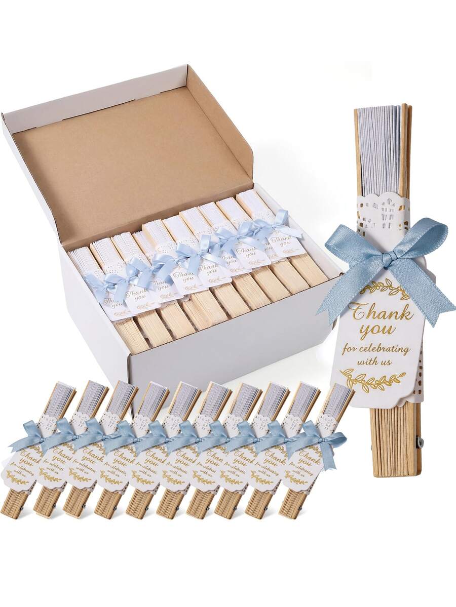 3pcs Blue Wedding Paper Fan Gift Set, Includes White Folding Fan, Blue Bow And Thank You Card, Suitable For Wedding Favors And Party - Multicolor - View 1
